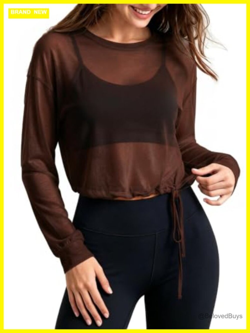 Womens Mesh Sheer Long Sleeve Crop Top Drawstring Hem Workout Tee
